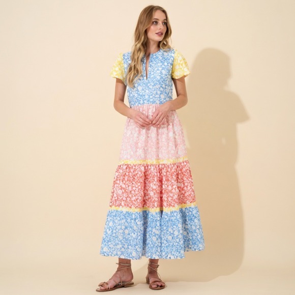 Oliphant Dresses & Skirts - Oliphant 3042V V Neck Puff Sleeve Maxi Dress Canary Colorblock Floral Tiered S